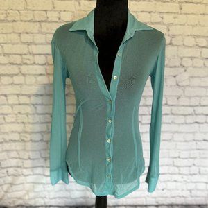 Petit Pois by Viviana G Button Up Long Sleeve Turquoise MESH Shirt